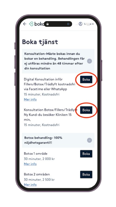 bokning av kostnadsfri konsultation i smart phone via Boka direkt