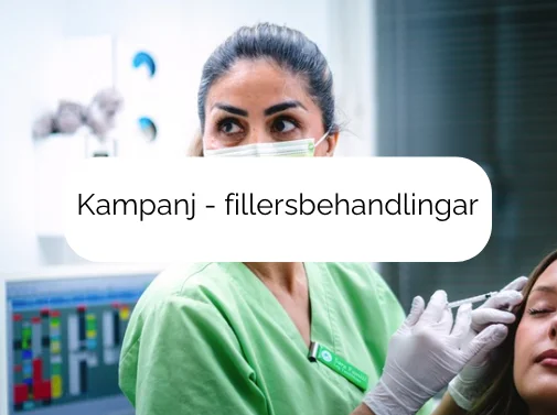Sara utför fillerbehandling med texten framför "kampanj - fillerbehandlingar"
